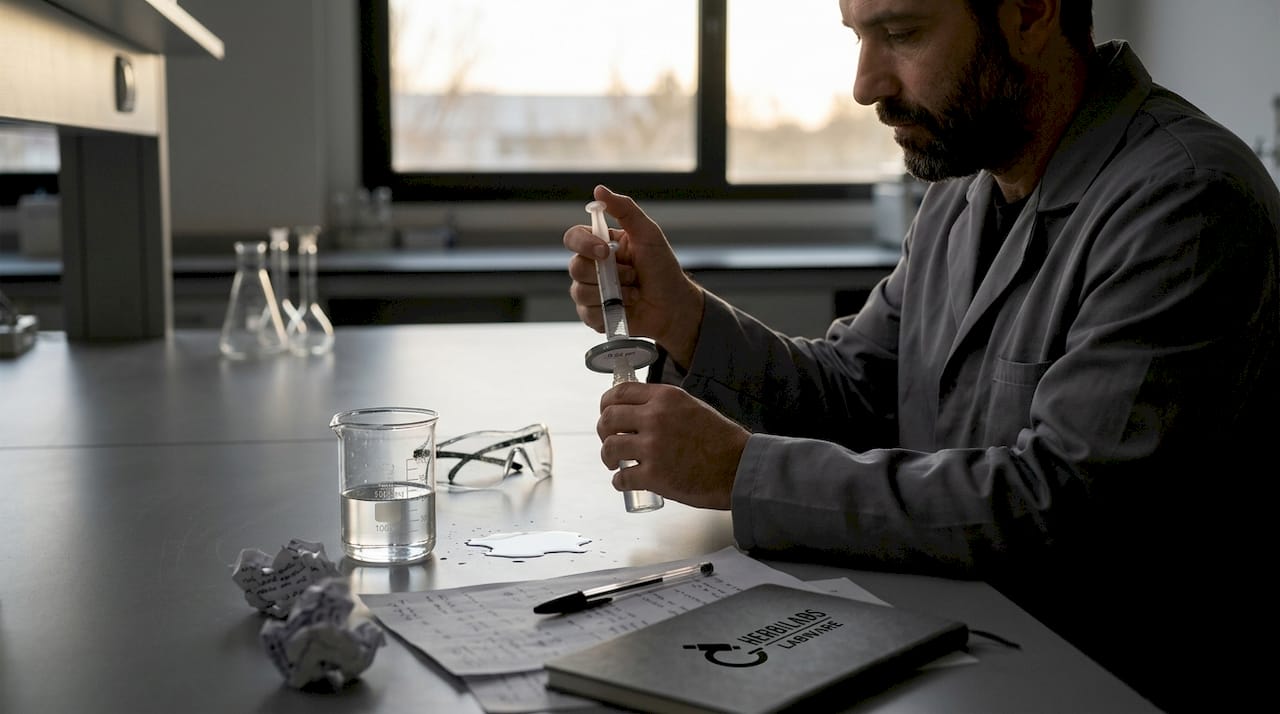 Científico realizando una filtración en la mesa de trabajo del laboratorio