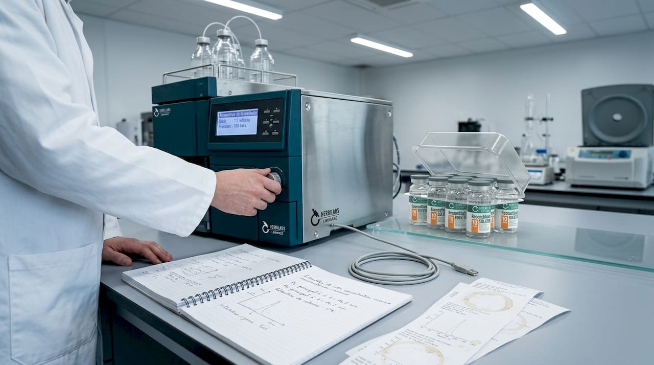 Un chercheur manipule un appareil de chromatographie en phase liquide dans un laboratoire clinique.