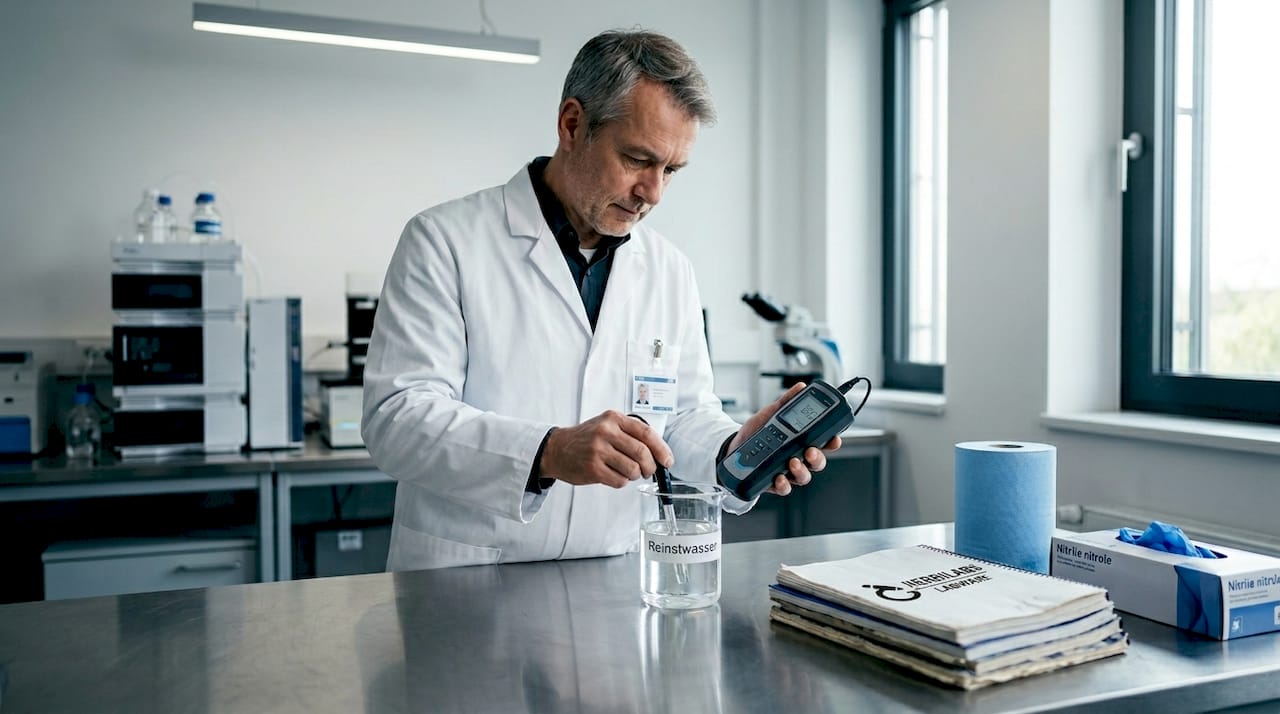 Im Labor überprüft ein Techniker die Wasserqualität.