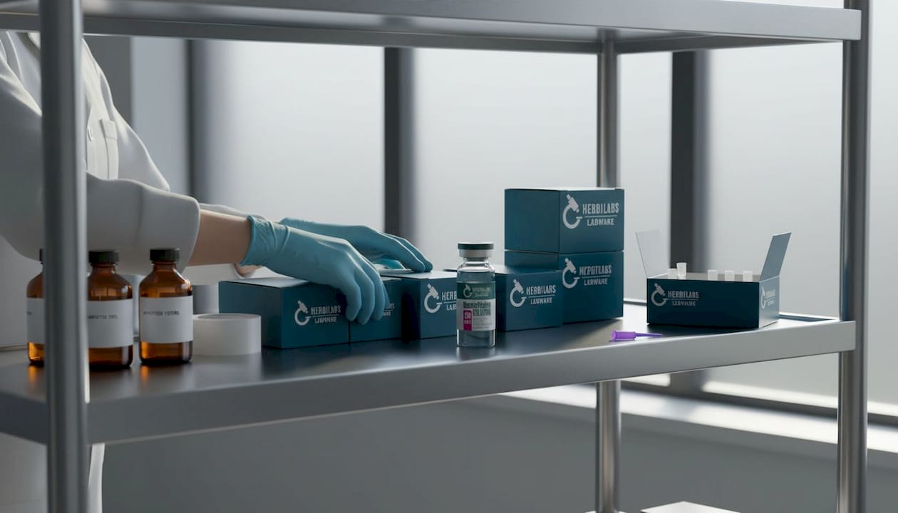 Gloved hands arranging lab consumables on shelf