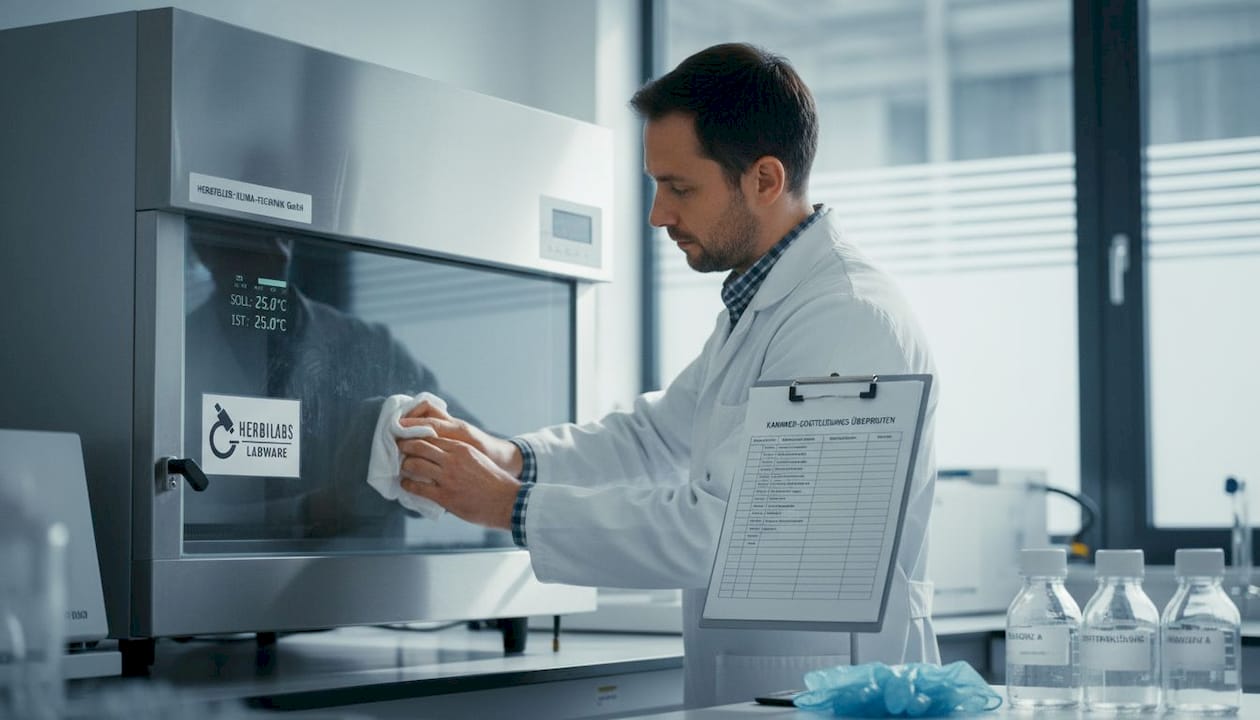 Ein Techniker überprüft die Klimaanlage im Labor, um optimale Bedingungen für die Forschung sicherzustellen.