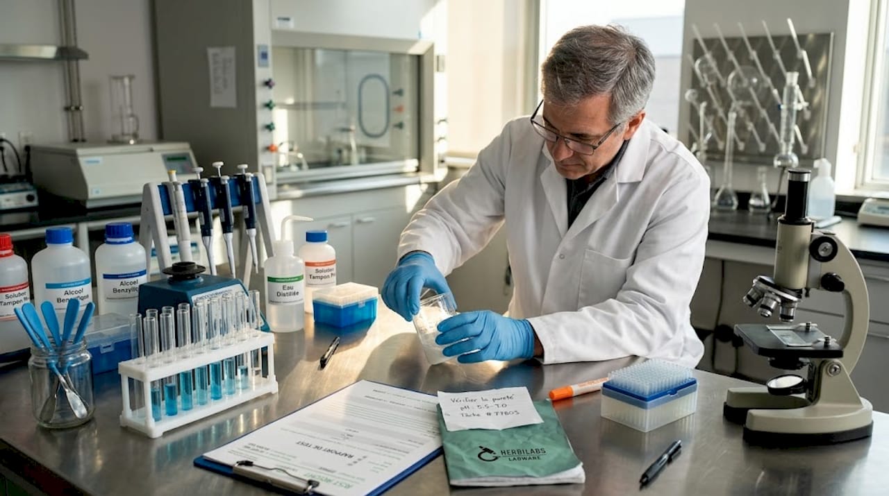 Un chercheur prépare une solution sur une paillasse en inox dans le laboratoire.