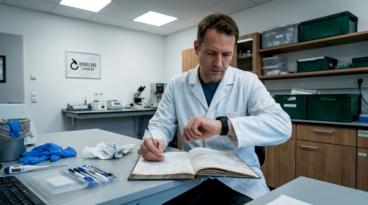 Der Laborassistent trägt die Ergebnisse der Wasserproben sorgfältig ins Protokollbuch ein.