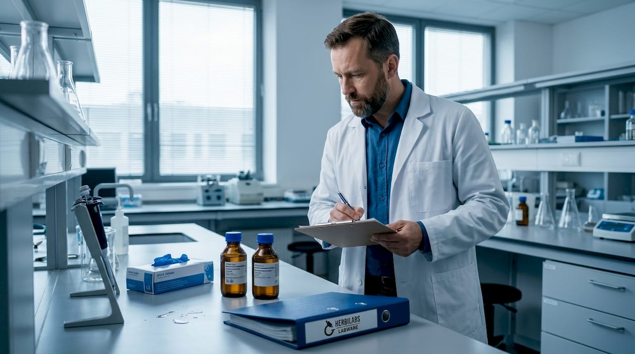 Scientist comparing reagent bottle labels