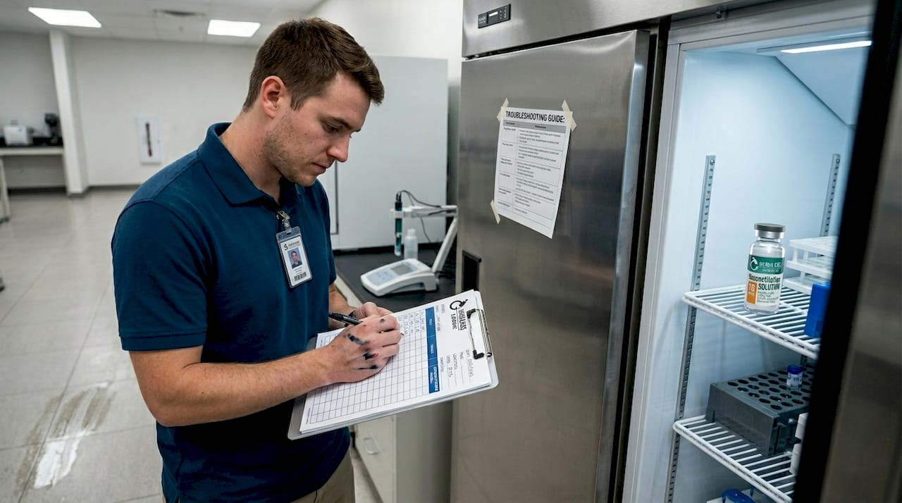 Researcher logging water quality data in laboratory
