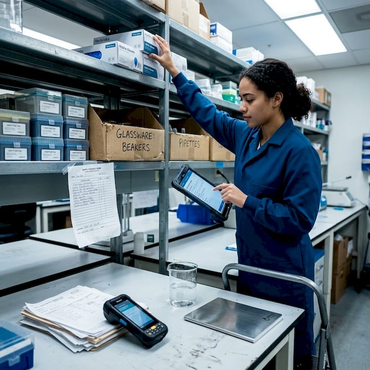 Lab assistant restocking supplies on shelves
