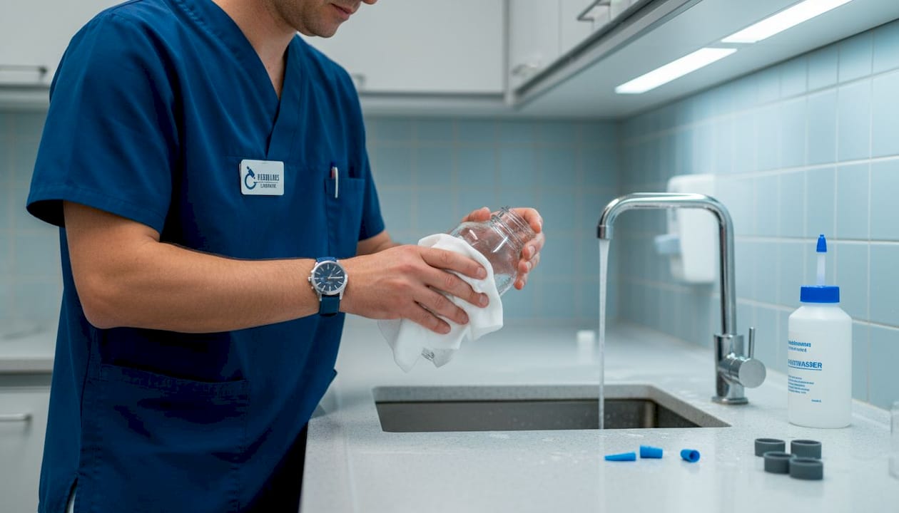 Eine Laborassistentin spült am Waschbecken eine Flasche mit Chemikalienresten aus.
