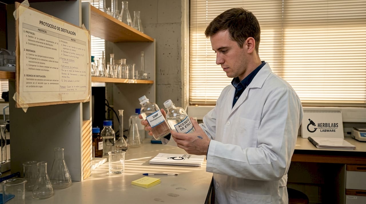 Un técnico analiza y compara varias botellas de solvente sobre la mesa del laboratorio.