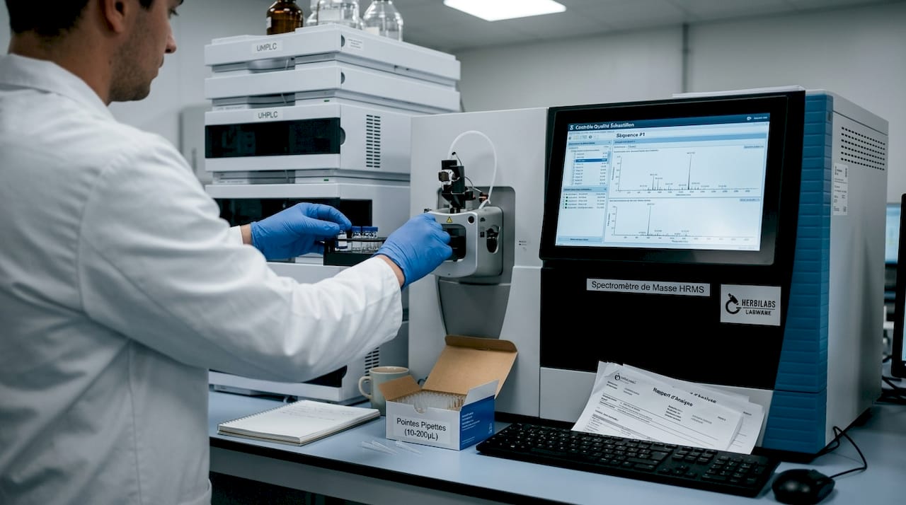 Un chercheur procède à l’analyse d’un échantillon à l’aide de l’UHPLC et du HRMS.