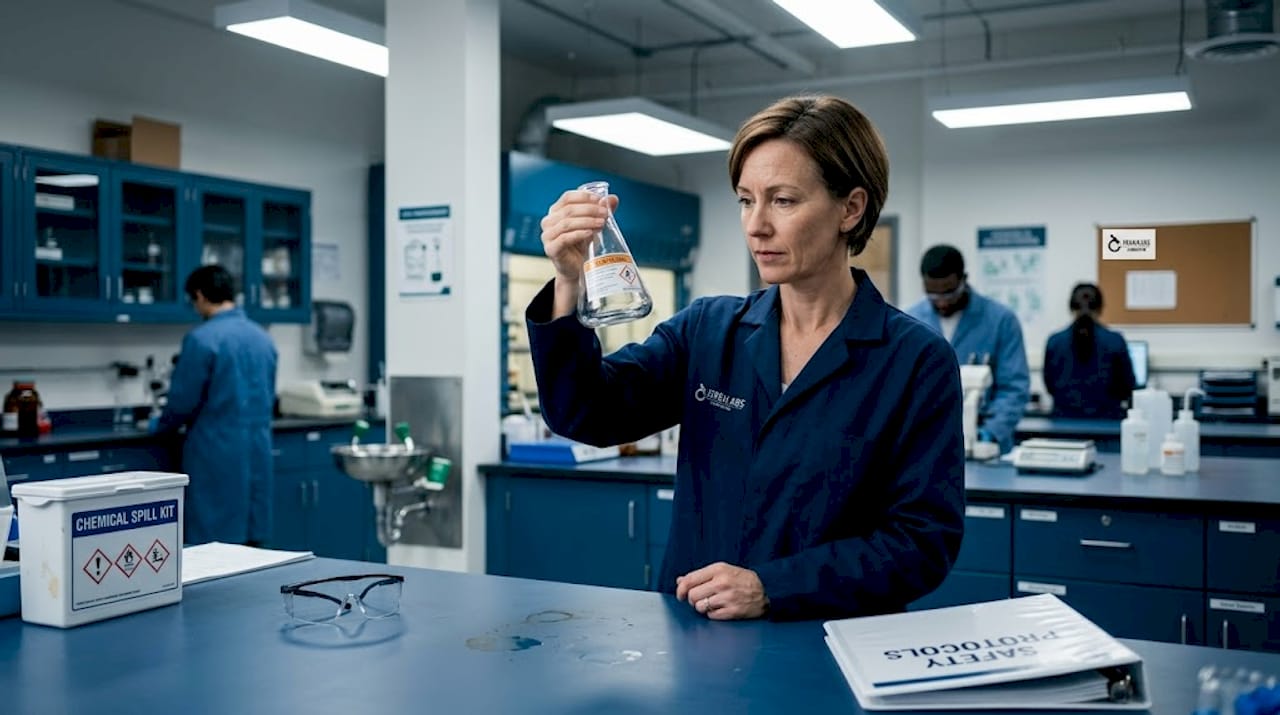Scientist reviewing chemical labeling at central bench