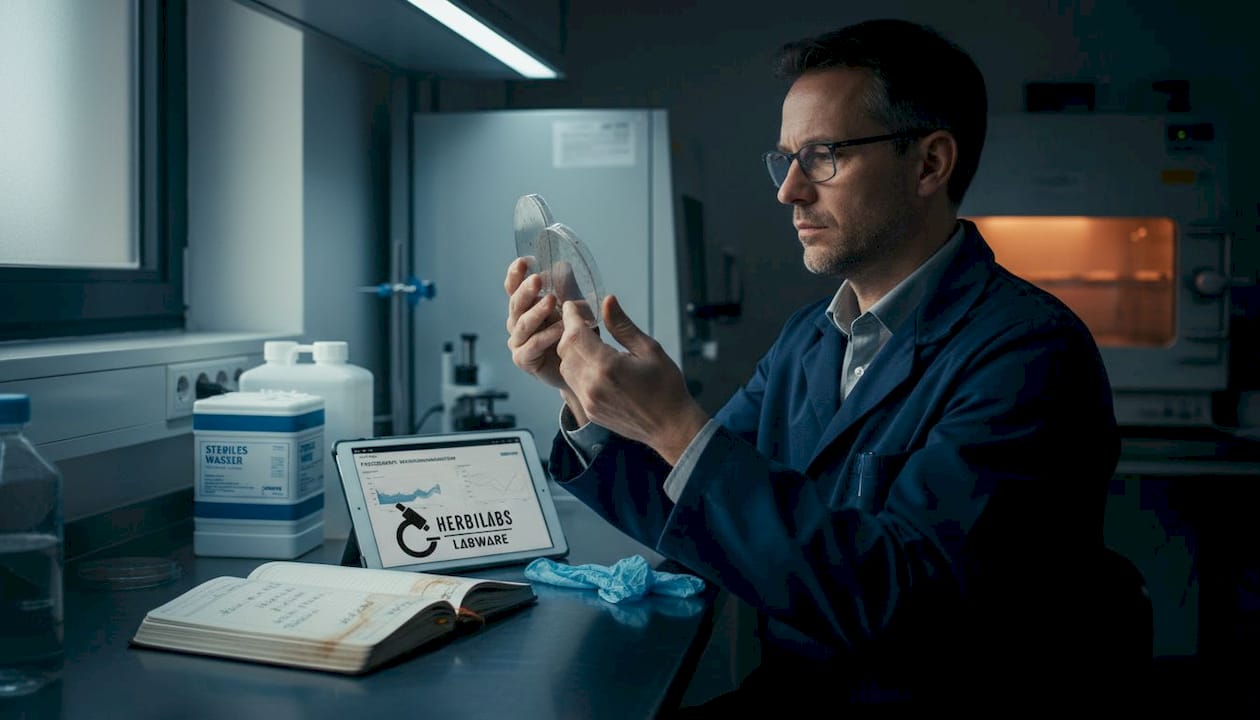 Eine Wissenschaftlerin untersucht Petrischalen mit Bakterienkulturen im mikrobiologischen Labor.