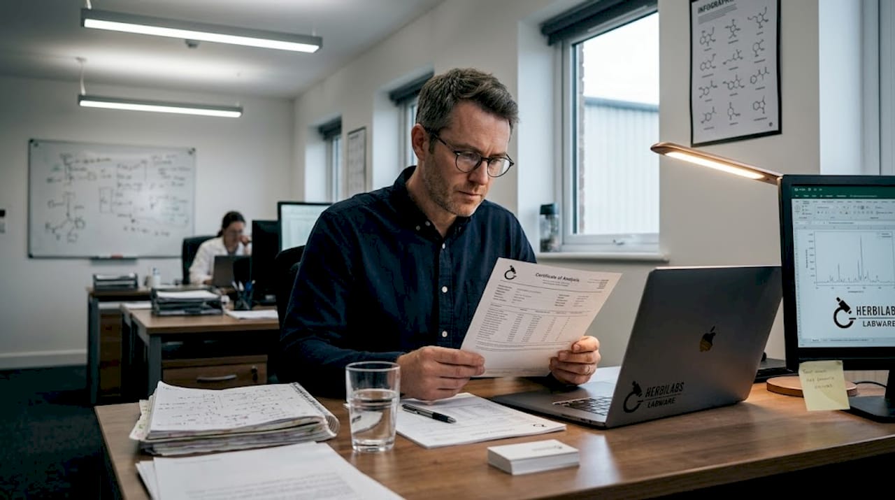 Researcher reading certificate of analysis in lab office