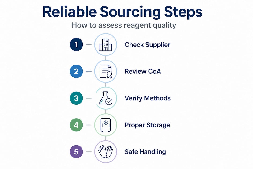 Infographic showing five key steps for sourcing reliable reagents