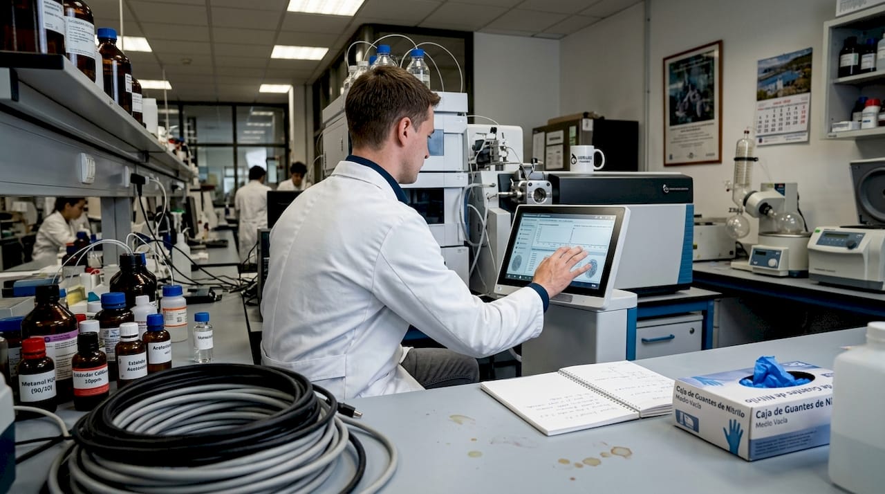 Especialista realizando análisis con HPLC en un laboratorio de investigación