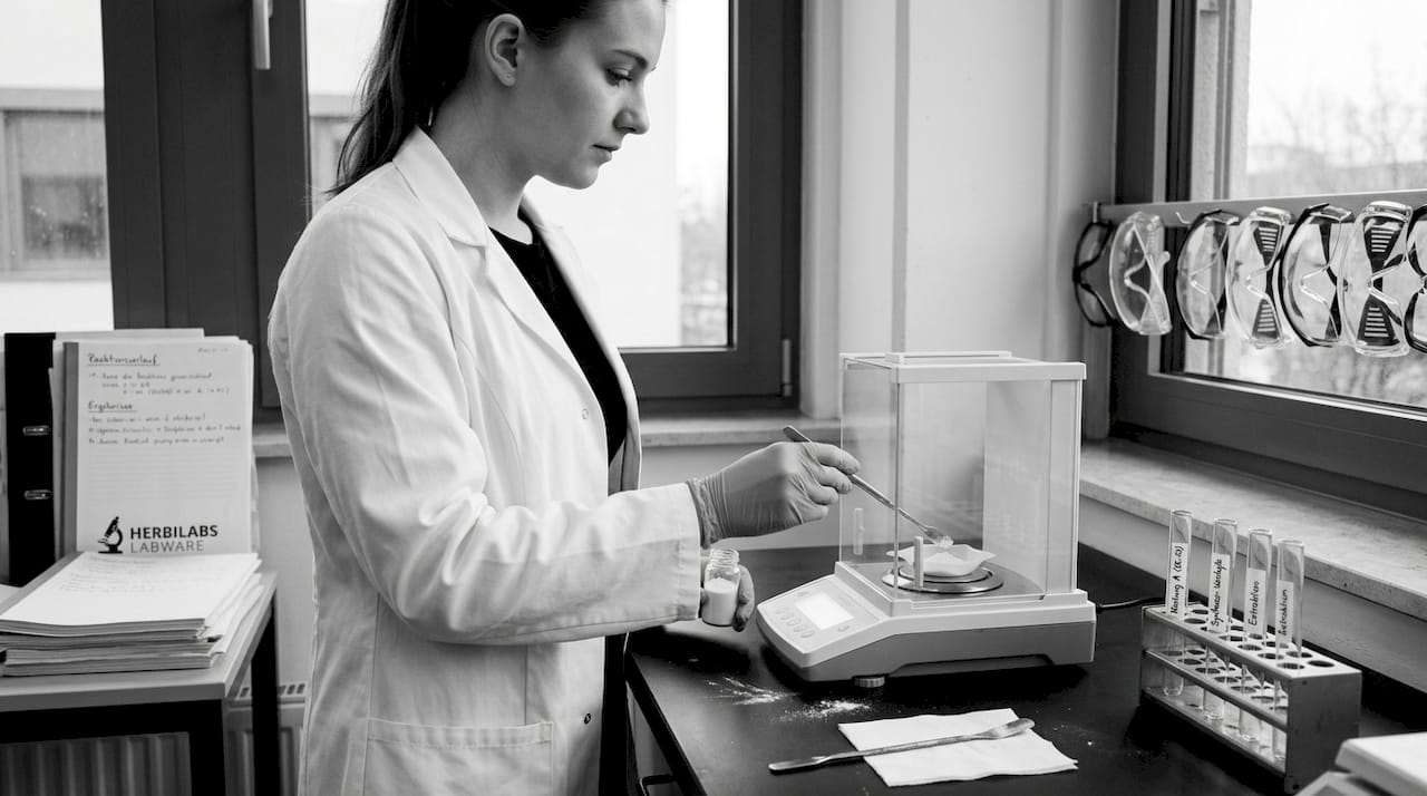 Eine Chemikerin misst im Labor sorgfältig Pulver für ein Experiment ab.