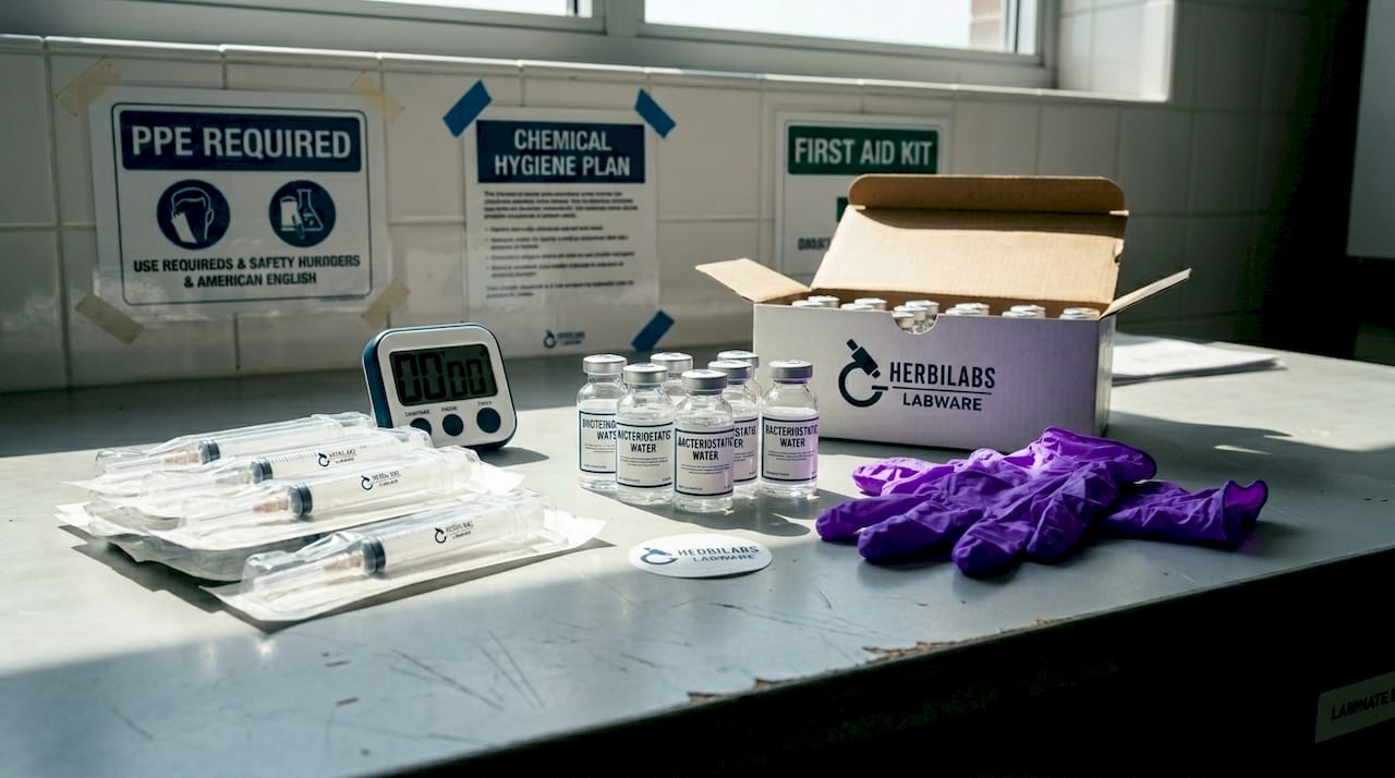 Bacteriostatic water vials on lab bench