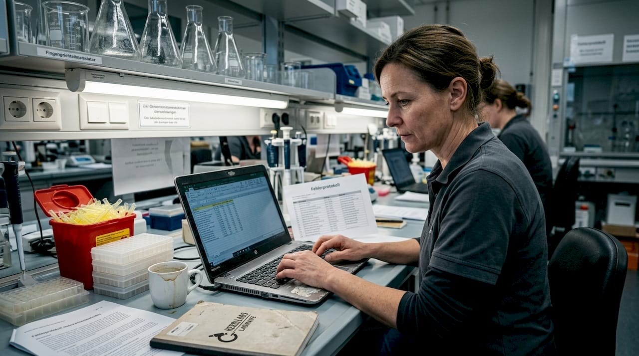 Ein Labormitarbeiter überprüft die Fehlerprotokolle von Proben.
