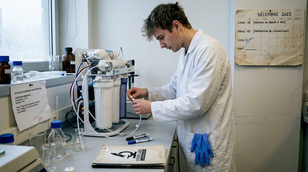 Un étudiant en laboratoire en train de régler un appareil de purification de l’eau.