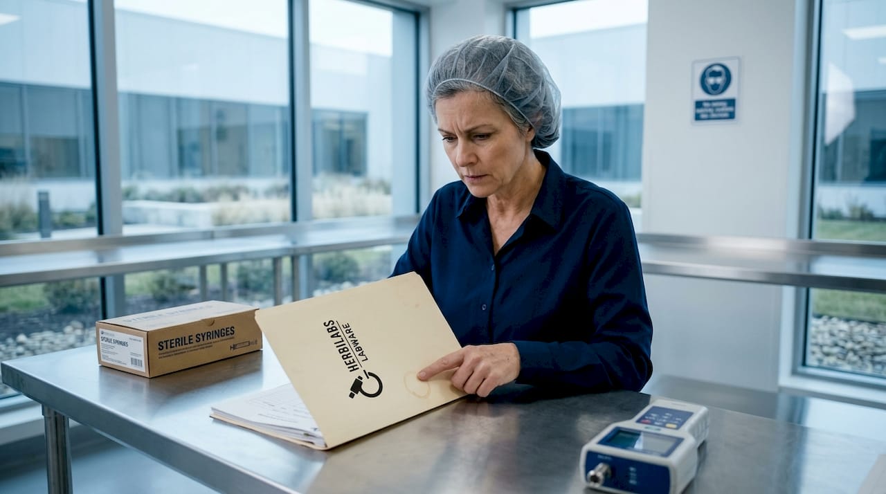 Manager reviews batch record in cleanroom setting