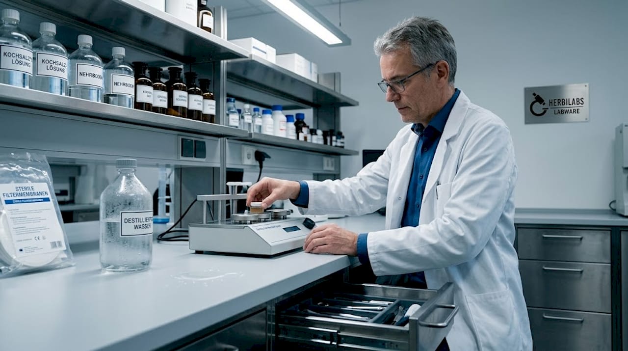Ein Wissenschaftler überprüft im Labor routinemäßig die Sterilität der Arbeitsumgebung.