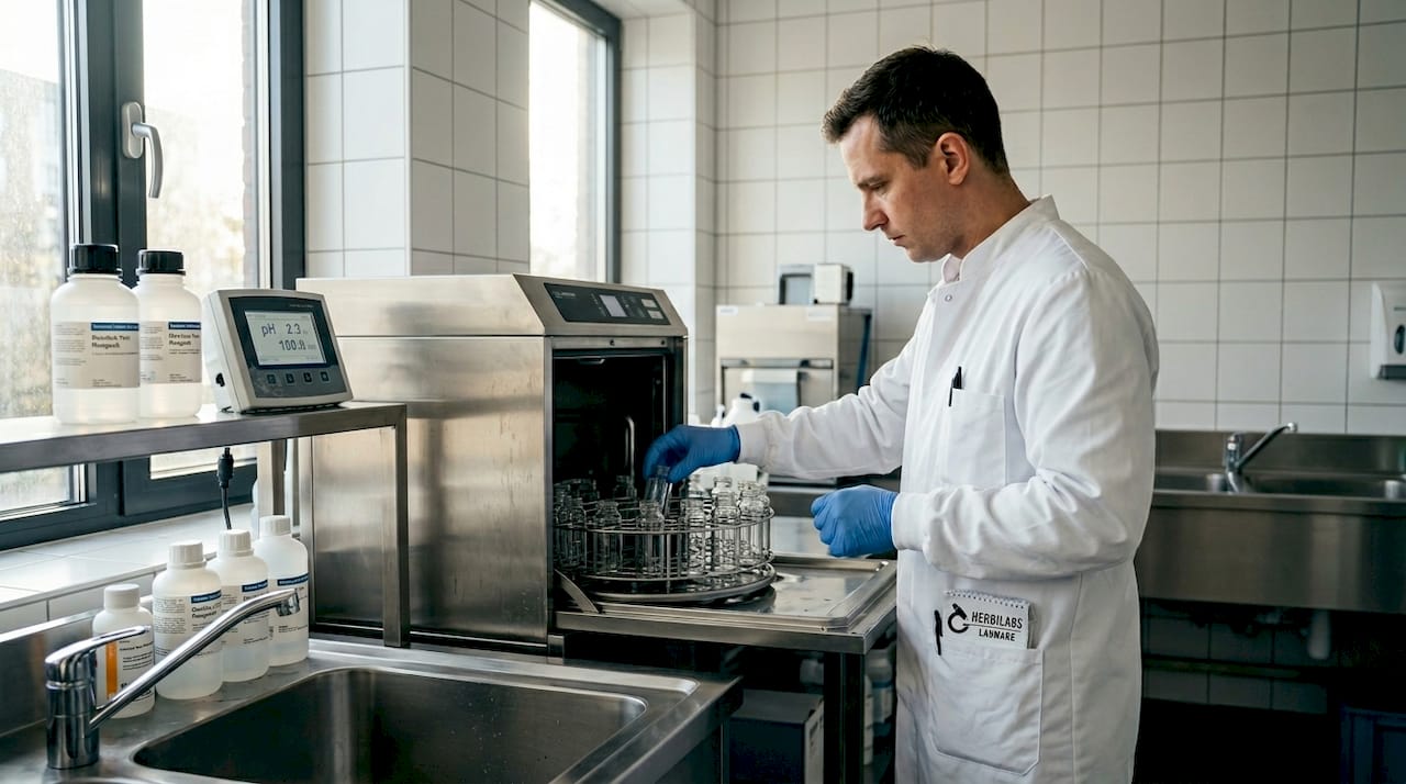 Technician loads vials in labware washer