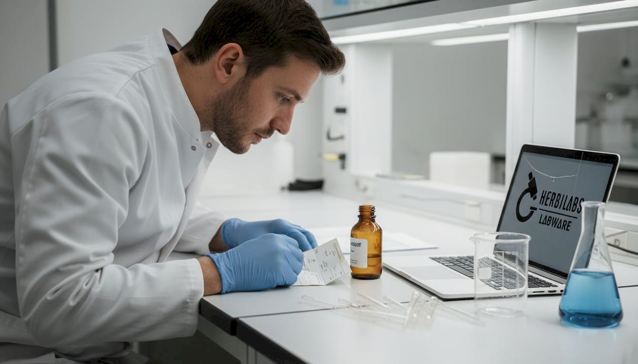 Scientifique en laboratoire testant la compatibilité des additifs sur la paillasse