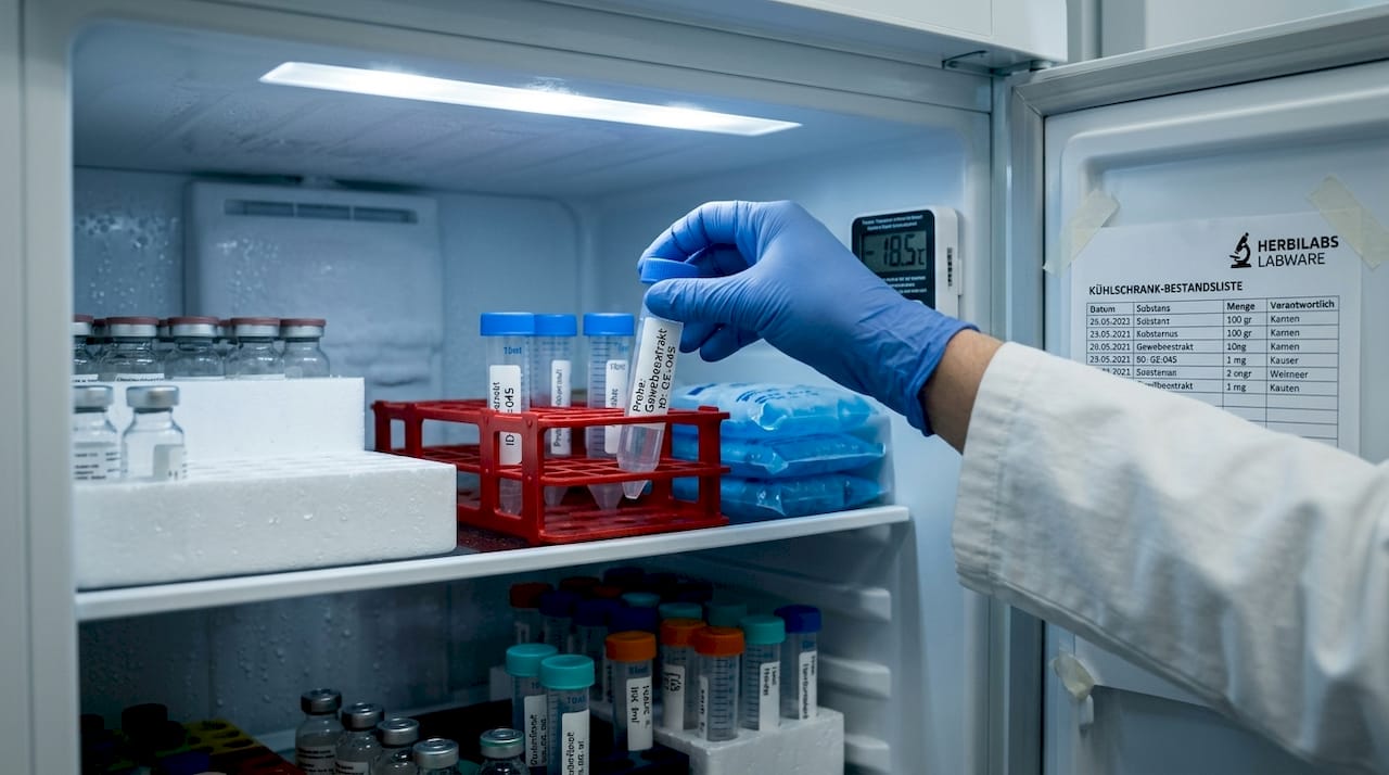 Im Kühlschrank des Labors werden Lösungen zur Peptidverdünnung aufbewahrt.