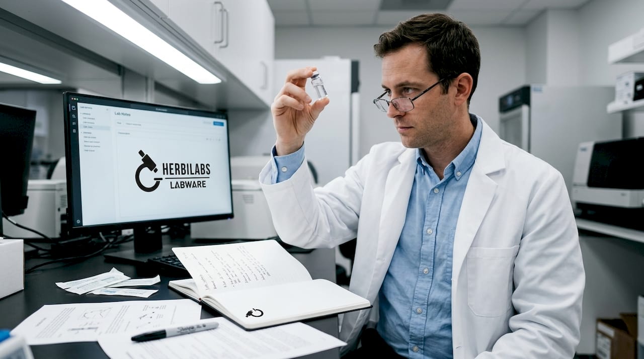 Scientist inspecting diluent vial for quality