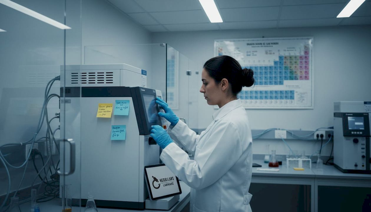 La técnica realiza ajustes al equipo de HPLC para asegurar resultados precisos en el laboratorio de química.