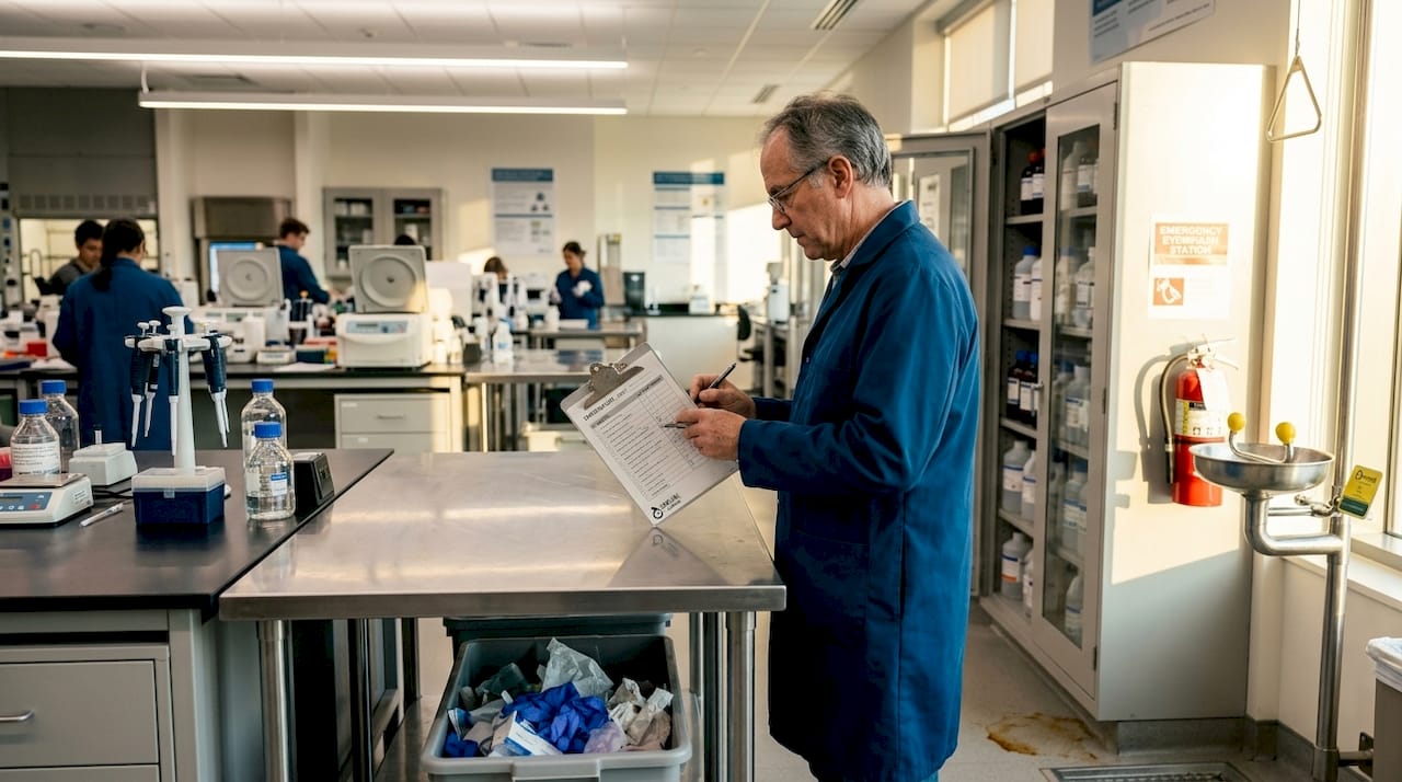 Supervisor inspecting chemical storage cabinets