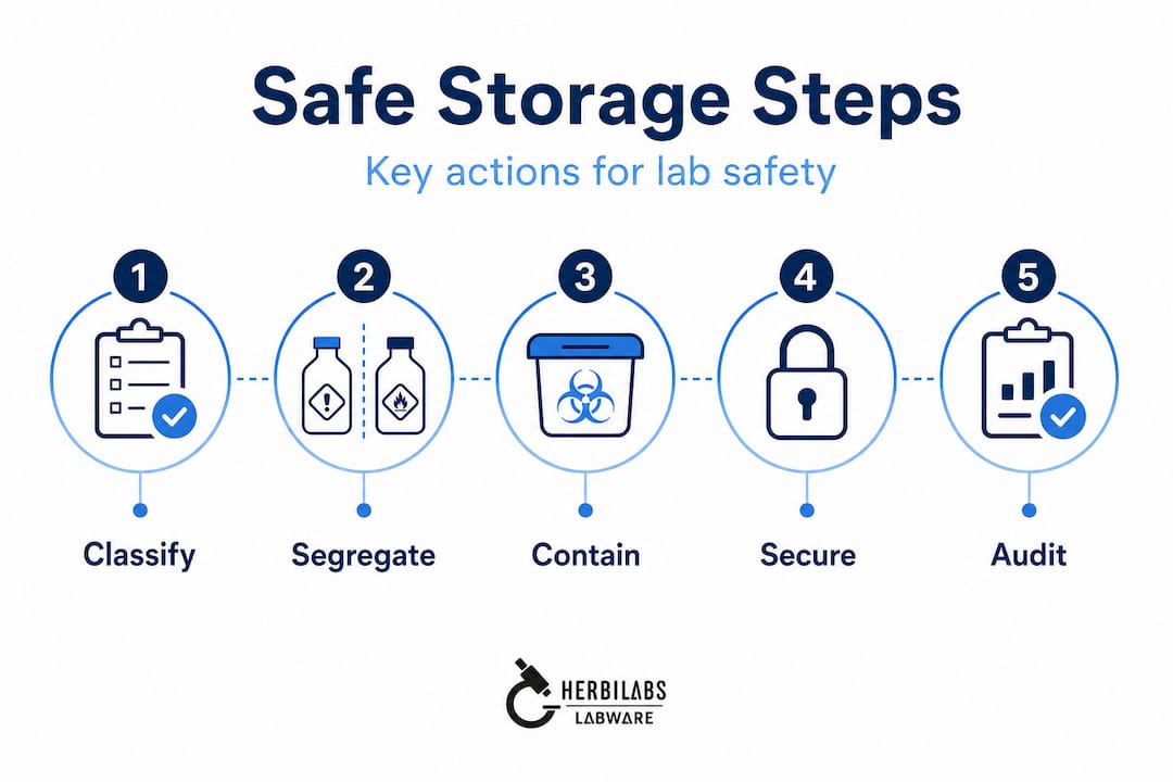 Infographic outlining steps for safe chemical storage