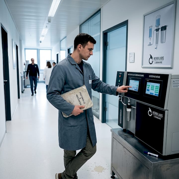 Ein Labormitarbeiter kontrolliert die Wasseraufbereitungsanlage.