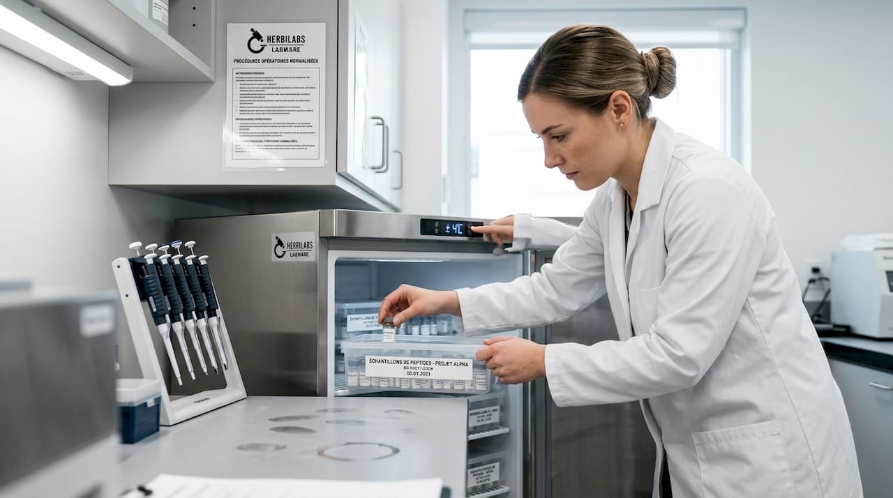 L’assistant range soigneusement les flacons de peptides dans le réfrigérateur du laboratoire.