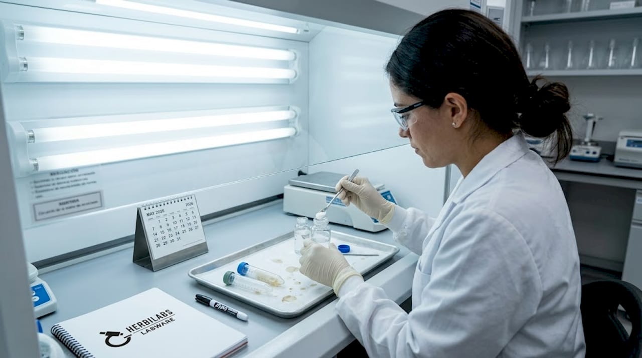 Científica trabajando en la síntesis de péptidos dentro de un laboratorio moderno y realista.