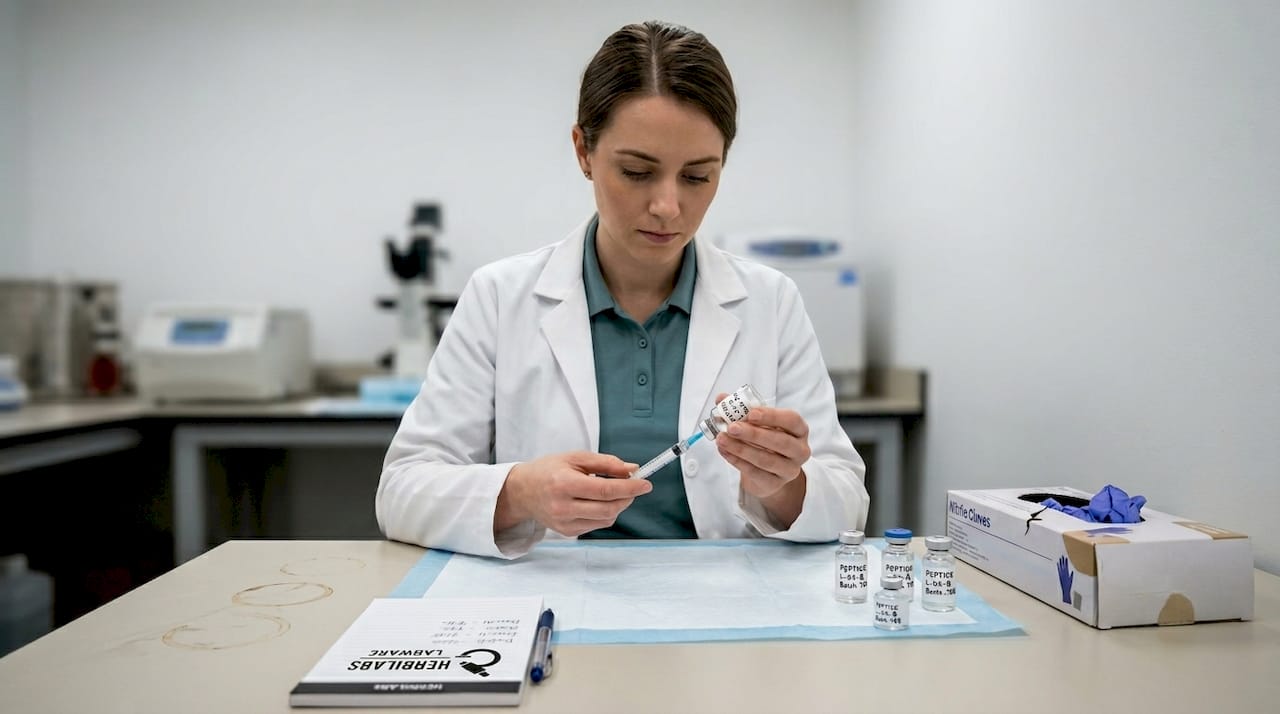 Researcher prepares peptides with aseptic technique