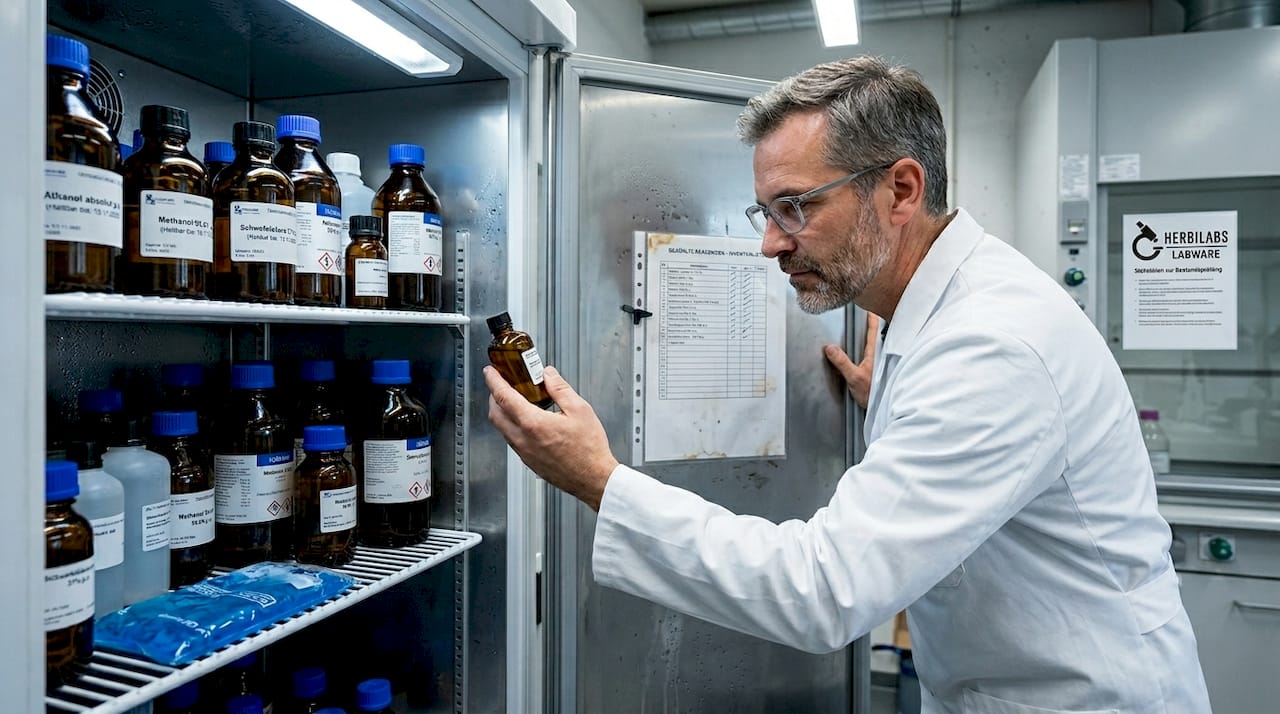 Eine Wissenschaftlerin überprüft die Reagenzien im Laborkühlschrank.