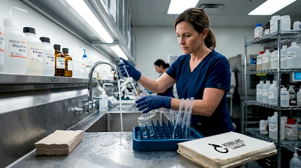 Lab technician rinsing scientific glassware
