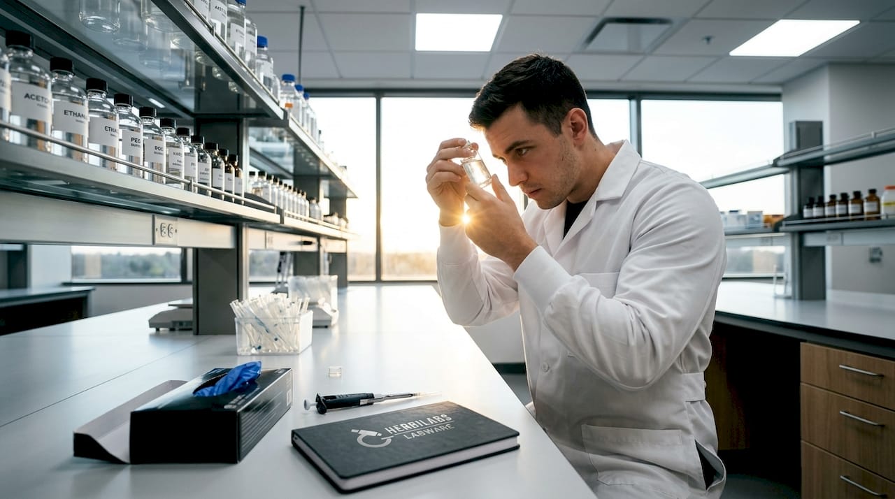 Lab worker inspecting vial for contamination