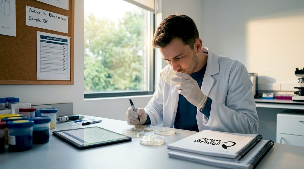 Scientist logging microbial contamination checks