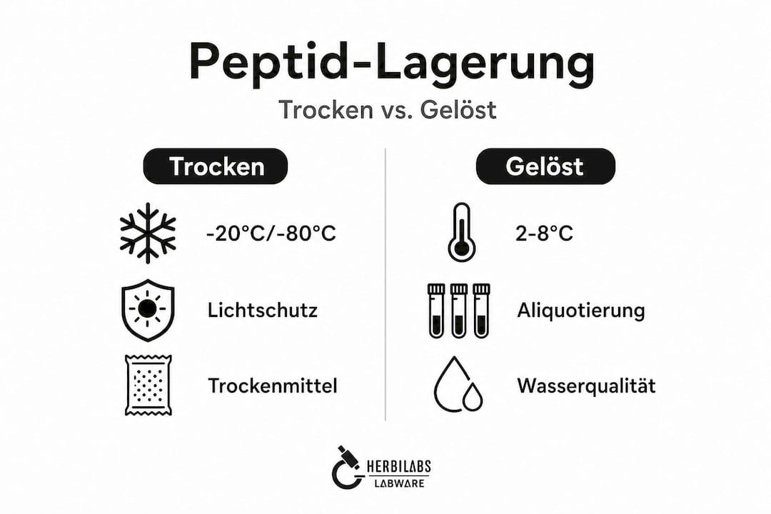 Infografik: So lagern Sie Peptide richtig – im trockenen Zustand und in Lösung