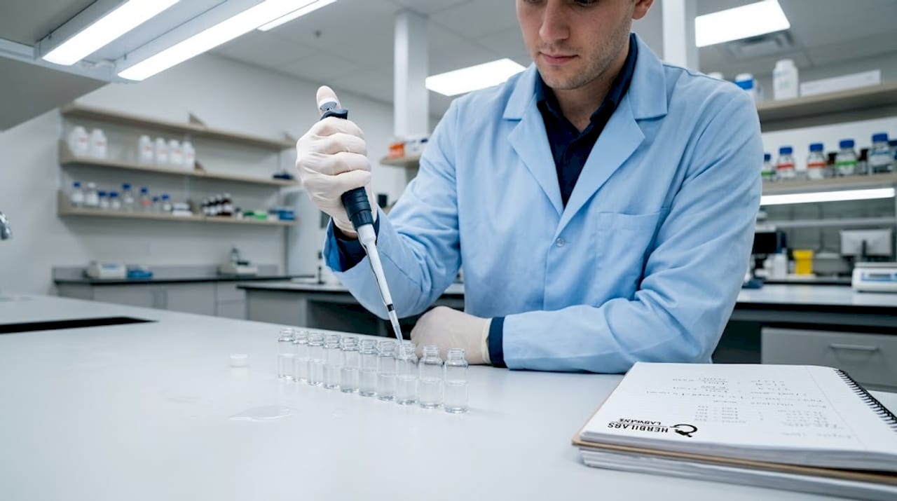 Lab technician pipetting ultrapure water into vials