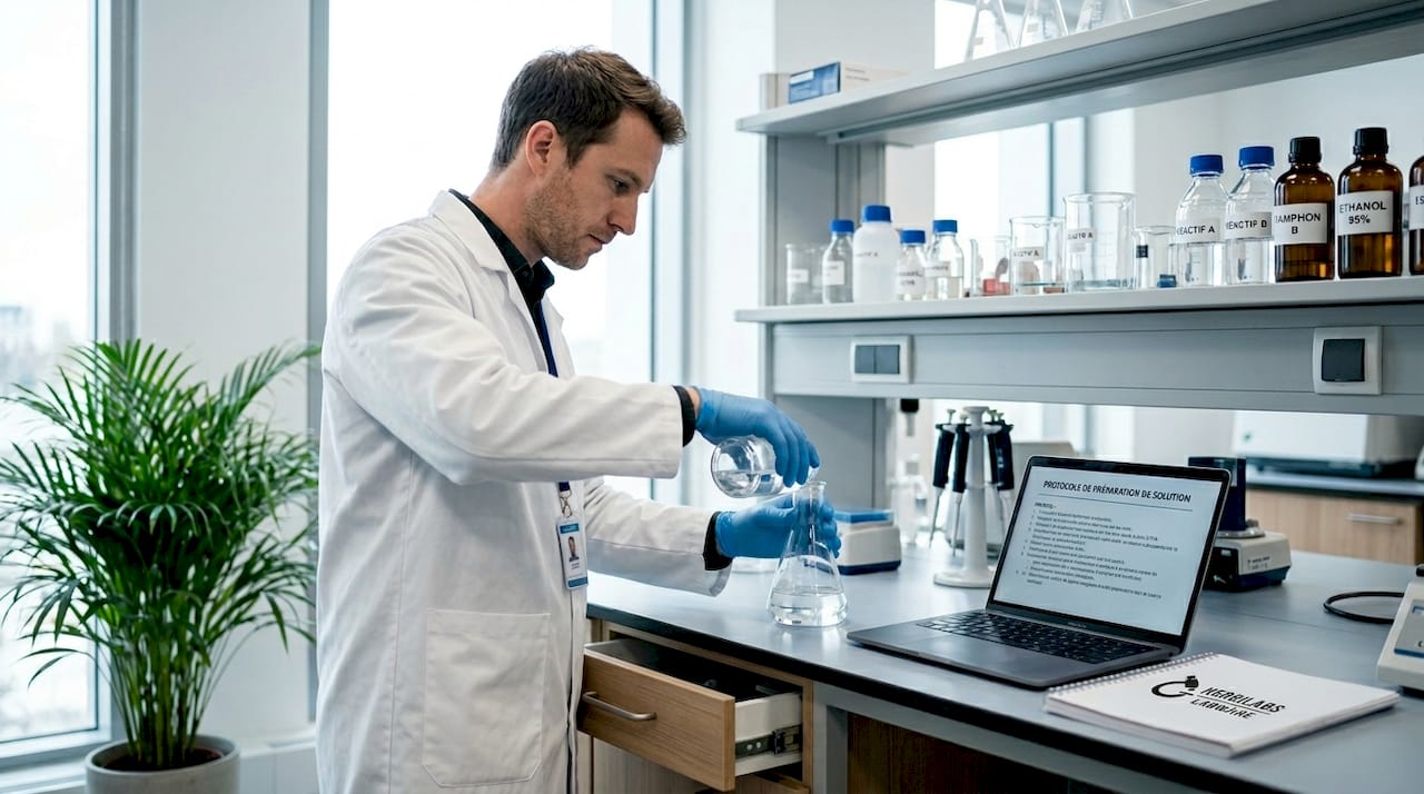 Un technicien s’affaire à la préparation d’une solution peptidique sous hotte dans un laboratoire.