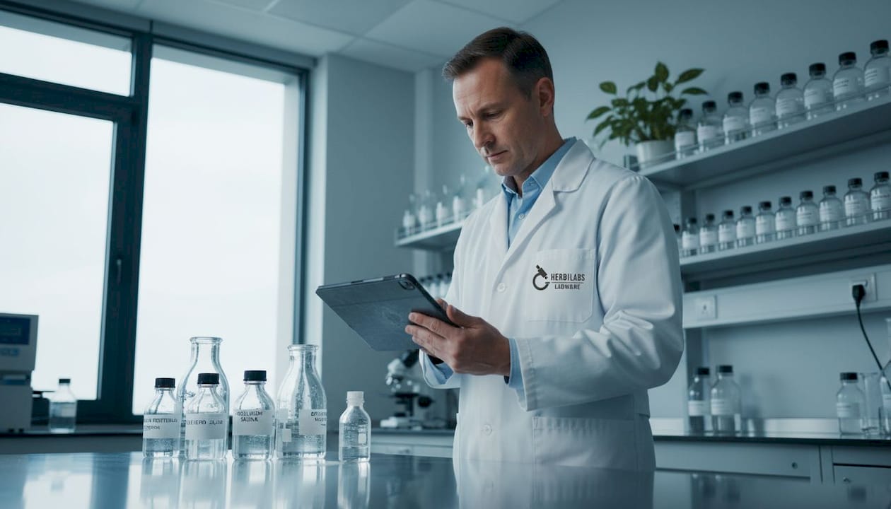 Especialista verificando posibles fallos en los reactivos del laboratorio