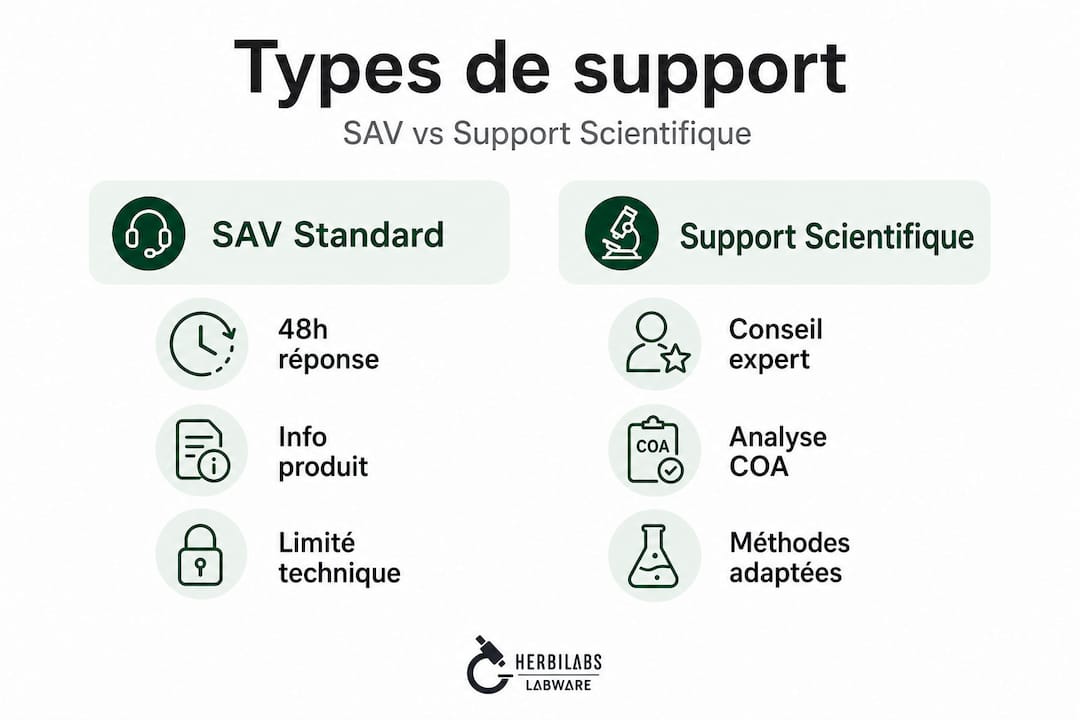 Infographie : service client classique versus accompagnement scientifique dédié aux peptides