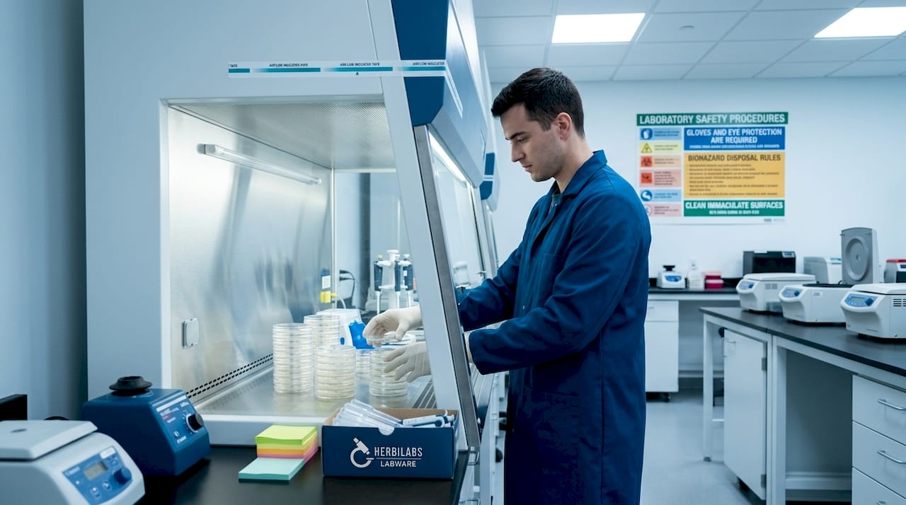 Worker using biosafety cabinet for sterile tasks