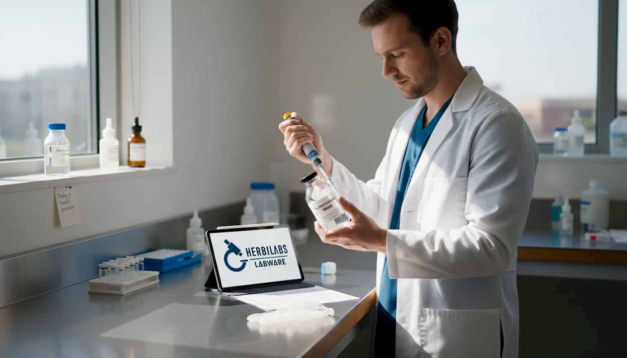 Lab technician checks bacteriostatic water label