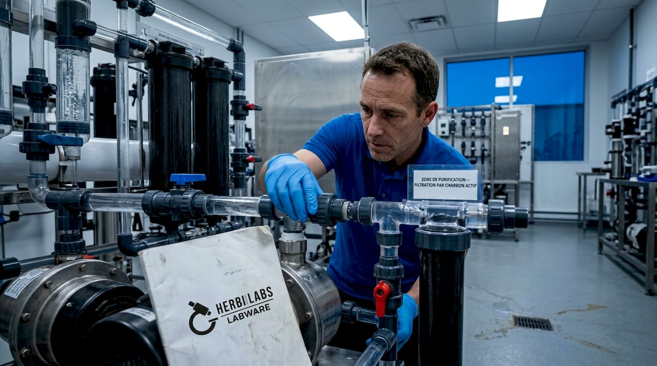 Un technicien procède à la vérification du système de purification de l’eau au laboratoire.