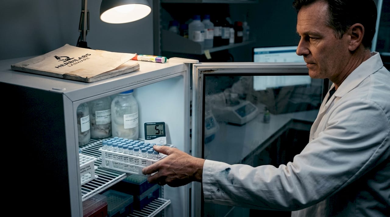 Scientist storing vials in lab refrigerator