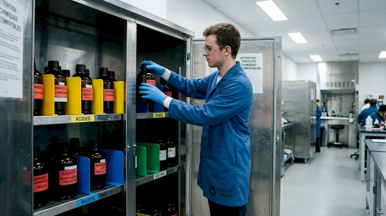 Un chercheur en train de ranger et d’organiser les produits chimiques dans une armoire dédiée au laboratoire.