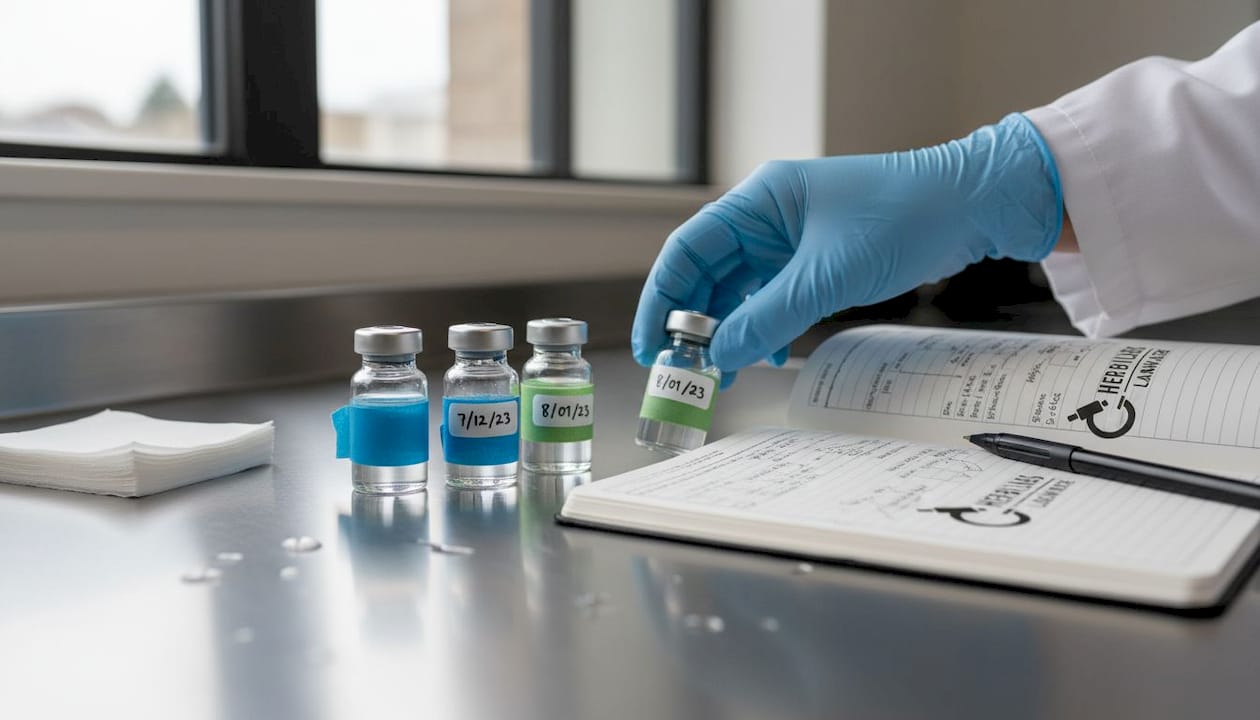 Labeled bacteriostatic water vials on lab shelf